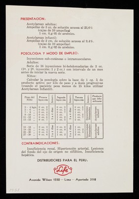 Arsenoterapia Acetylarsan : lo que es oportuno saber del: Acetylarsan / Specia Productos Farmacéticos ; distribuidores para el Perú: Life.