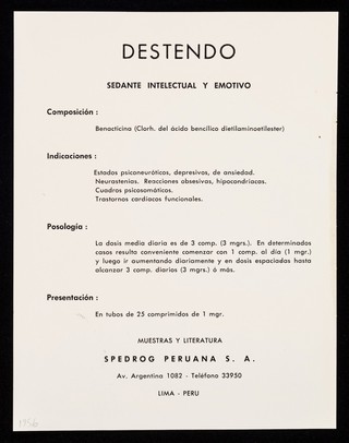 Destendo : sedante intelectual y emotivo / Spedrog Peruana S.A.