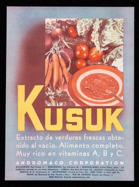 Kusuk : extracto de verduras frescas obtenido al vacío. Alimento completo. Muy rico en vitaminas A, B y C / Andromaco Corporation.