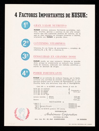 Kusuk : extracto de verduras frescas obtenido al vacío. Alimento completo. Muy rico en vitaminas A, B y C / Andromaco Corporation.