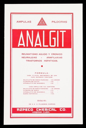 Analgit ampulas, pildoras : reumatismo agudo y cronico, neuralgias, anafilaxias, trastornos hepaticos : Tabletas Charcolin ... / Azpeco Chemical Co.