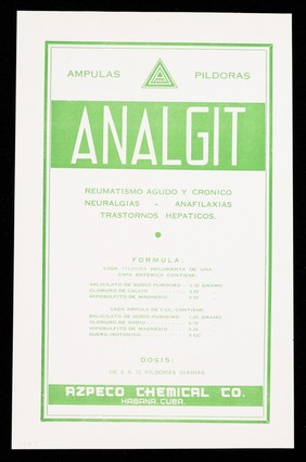 Analgit ampulas, pildoras : reumatismo agudo y cronico, neuralgias, anafilaxias, trastornos hepaticos : Tabletas Charcolin ... / Azpeco Chemical Co.