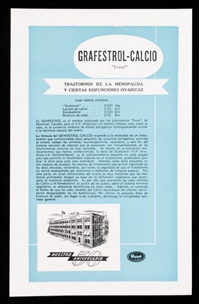 Grafestrol-Calcio "Frosst" : trastornos de la menopausia y ciertas disfunciones ovaricas / Charles E. Frosst & Co. ; representantes exclusivos para Cuba: Distribuidora Cubana.