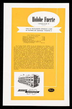 Holobe Fuerte (complejo B) "Frosst" : para el tratamiento intensivo a base de factores del complejo- vitamina B / Charles E. Frosst & Co. ; representantes exclusivos para Cuba: Distribuidora Cubana.