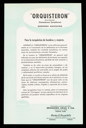 "Orquisteron" marca registrada (Testosterona canadiense) : hormona masculina / Charles E. Frosst & Co. ; distribuidores exclusivos para Cuba: Drogueria Arias y Cia.