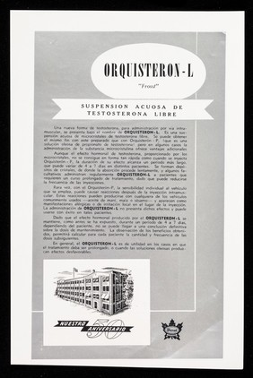 Orquisteron-L "Frosst" : suspensión acuosa de testosterona libre / Charles E. Frosst & Co. ; distribuidores para Cuba: Distribuidora Cubana.