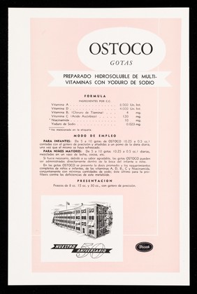 Ostoco gotas : preparado hidrosoluble de multivitaminas con yoduro de sodio / Charles E. Frosst & Co. ; distribuidores para Cuba: Distribuidora Cubana.