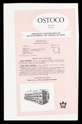 Ostoco gotas "Frosst" : preparado hidrosoluble de multivitaminas con yoduro de sodio / Charles E. Frosst & Co. ; distribuidores para Cuba: Distribuidora Cubana.