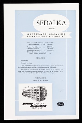 Sedalka "Frosst" : granulado alcalino efervescente y sedativo / Charles E. Frosst & Co. ; distribuidores exclusivos para Cuba: Distribuidora Cubana.