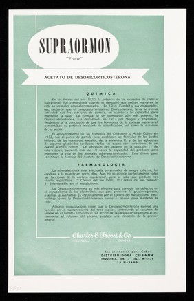 Supraormon "Frosst" : acetato de desoxicorticosterona / Charles E. Frosst & Co. ; distribuidores para Cuba: Distribuidora Cubana.