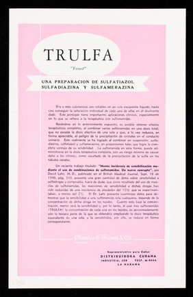 Trulfa "Frosst" : una preparación de sulfatiazol, sulfadiazina y sulfamerazina / Charles E. Frosst & Co. ; distribuidores para Cuba: Distribuidora Cubana.