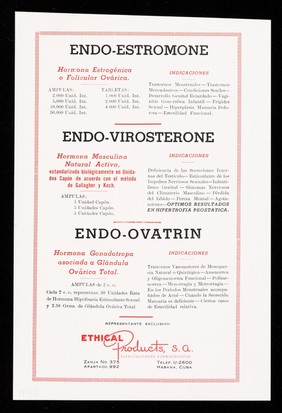 Endo hormonas : Endo-Estromone, hormona folicular ovarica natural, Endo-Virosterone, hormona masculina natural, Endo-Ovatrin, hormona gonadotropa y gland ovarica total / Endo Products, Inc. ; representante exclusivo: Ethical Products, S.A.