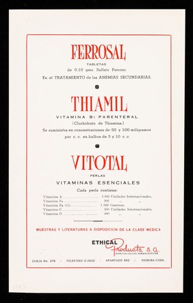 Adavital ... Dilangil ... Beplex ...Ferrosal ... Thiamil ... Vitotal ... / Ethical Products, S.A.