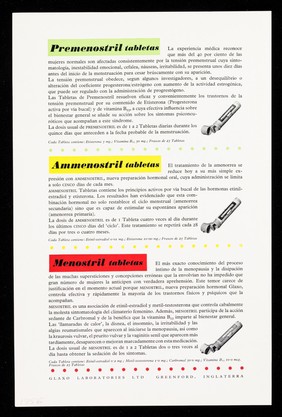 3 nuevas preparaciónes de Glaxo : Premenostril, regulador de la tensión premenstrual : Ammenostril, regulador de la amenorrea : Menostril, regulador del síndrome menopáusico / Glaxo Laboratories Ltd., Greenford, Inglaterra.