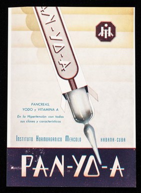 Pan-Yo-A pancreas, yodo y vitamina A en la hipertensión con todas sus clases y características : Aspasmon antiespasmodico general, asociación de papaverina, fenobarbital y salipirina / Instituto Hormorganico Mercolo.