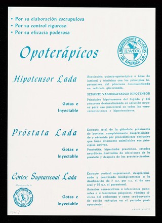 Riñon L.A.D.A. : extracto total de glandula, oral e inyectable ... / LADA, Laboratorios Aliados de América, S.A.