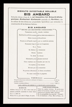 Bismutoterapia liposoluble : Karl Meinicke Bis Ambard : bismuto inyectable soluble ... / Laboratorios Ambard, Santiago de Cuba.