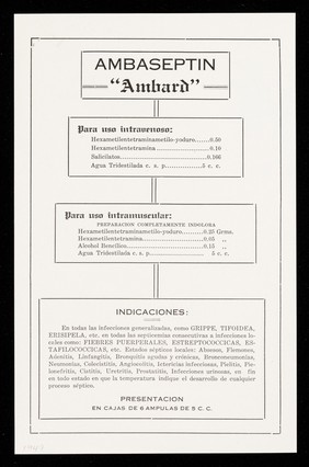 Infecciones : grippe, tifoidea, fiebres puerperales, estreptococcicas, estafilococcicas, flemones, colecistitis, angiocolitis, ictericias, piletis, pileonefritis, cistitis, uretritis, etc. / Laboratorios Ambard.