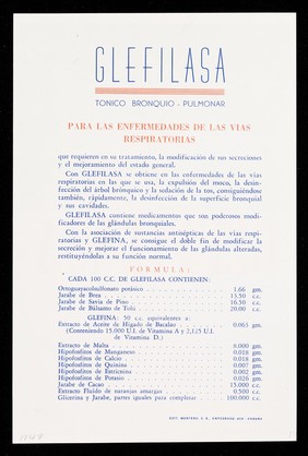 Glefilasa : para las enfermedades de las vías respiratorias : preparado con ortoguayacolsulfonato potásico ...  / Laboratorios Andromaco.