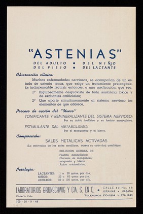 Agotamiento gotas Uveco : sales metálicas activadas : "astenias" del adulto, del niño, del viejo, del lactante / Laboratorios Brunschwig.