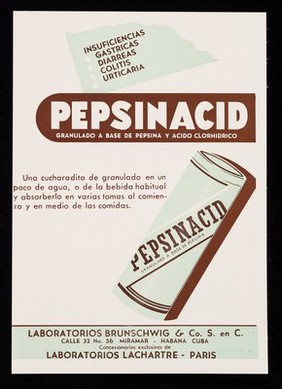 Pepsinacid : granulado a base de pepsina y acido clorhidrico : insuficiencias gastricas, diarreas, colitis, urticaria / Laboratorios Brunschwig & Co.