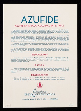 Azufide : azufre en estado coloidal inyectable / Laboratorio Dr. Domingo Plasencia, S.A.