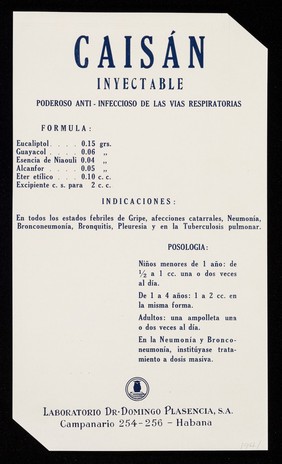 Caisán inyectable : quimoterapia de las vias respiratorias / Laboratorio Dr. Domingo Plasencia, S.A.