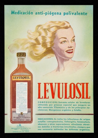 Levulosil, medicación anti-piógena polivante : Vigosteril, vitaminas A, B, D y G : alimento predigerido, tonico reconstituyente, recalcificante / Laboratorio Dr. Domingo Plasencia, S.A.