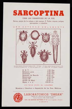 Sarcoptina para las parasitosis de la piel : Doctor: les evitará el martirio de la hora de la comida recetándole: Anorexol que despierta el apetito / Laboratorios "Drean".