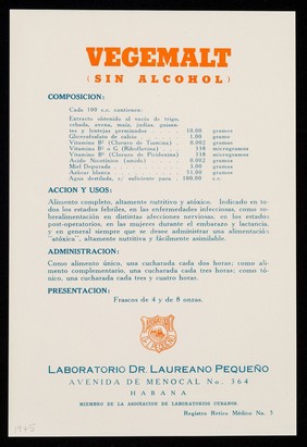 Vegemalt : sin alcohol / Laboratorios Dr. Laureano Pequeño.