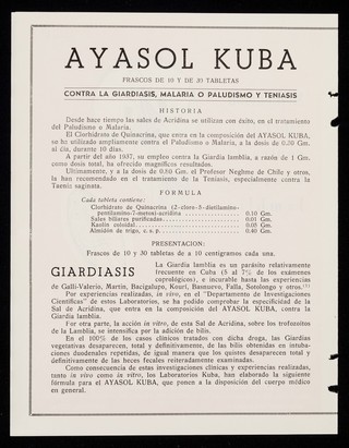 Medicación especfica contra la Giardia lamblia : Ayasol Kuba / Laboratorios Kuba.