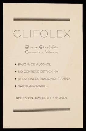 Glifolex : elixir de glicerofosfatos compuestos y vitaminas / Laboratorios Lex.