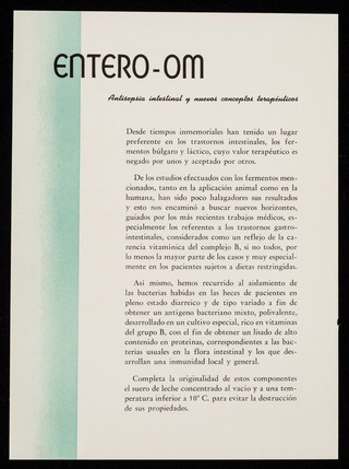 Antisepsia intestinal Entero-Om : nuevos conceptos terapéuticos / Laboratorios Om.