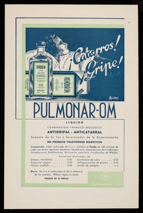 Catarros! Gripe! Pulmonar-Om ... : Solución isotonica para aplicación local ajustada al pH de la mucosa rino-faringea normal : el Rino Sulfamin Om ... / Laboratorios Om.