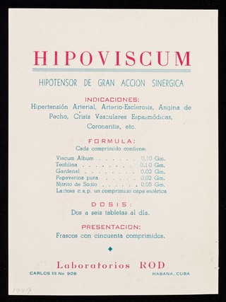 En la hipertensión arterial : Hipoviscum / Laboratorios Rod.