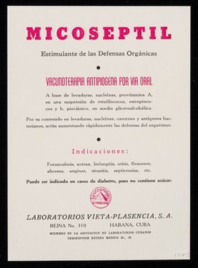 Levante las defensas : Micoseptil, estimulante de las defensas orgánicas / Laboratorios Vieta-Plasencia, S.A.