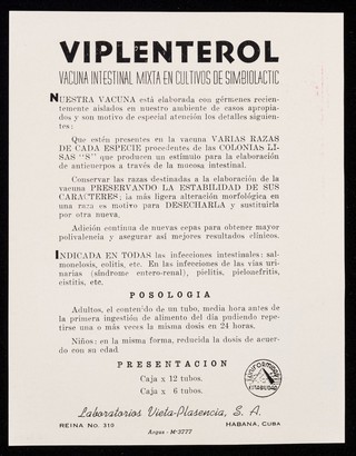 Viplenterol : vacuna intestinal mixta en cultivos de simbiolactic ... / Laboratorios Vieta-Plasencia, S.A.