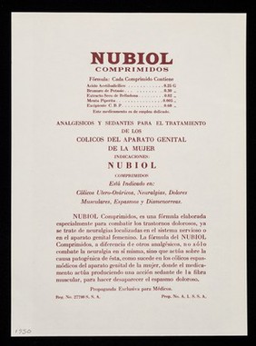 Nubiol : analgesico y antiesposmodico : cólicos del aparato genital de la mujer.