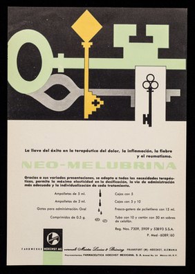 La llave del éxito en la terapéutica del dolor, la inflamación, la fiebre y el reumatismo, Neomelubrina : Un nuevo concepto en la terapéutica de las enfermedades bacterianas ... Omnacina ... Omnacilina / Hoechst A.G. ; representantes: Farmaceutica Hoechst Mexicana, S.A.