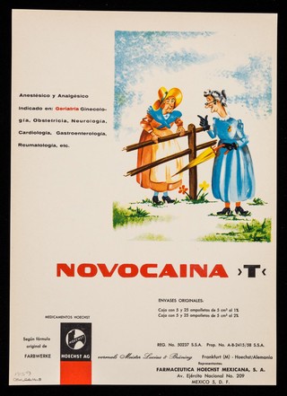 Anestésico y analgésico ... Novocaina >T< ... : Para el tratamiento de los dolores espaxticos, Baralgina / Hoechst A.G. ; representantes: Farmaceutica Hoechst Mexicana, S.A.