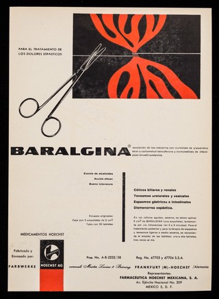 Anestésico y analgésico ... Novocaina >T< ... : Para el tratamiento de los dolores espaxticos, Baralgina / Hoechst A.G. ; representantes: Farmaceutica Hoechst Mexicana, S.A.