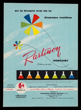 En la terapia oral de la diabetes mellitus, Rastinon Hoechst (tolbutamida) : Dispepsia, y flatulencia por insuficiencia pancreatica, medicación substitutiva en pancreatitis cronicas, Festal / Hoechst A.G. ; representantes: Farmaceutica Hoechst Mexicana, S.A.