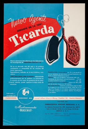 Nuevo agente sedante de la tos"! Ticarda : Nueva substancia hipoglicemiante descubierta por Farbwerke Hoechst AG., Rastinon / Hoechst A.G. ; representantes: Farmaceutica Hoechst Mexicana, S.A.