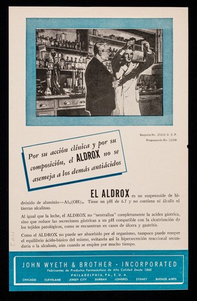 Rapido alivio de los dolores de hiperclorhidria y ulcera péptica con Aludrox : la gel de alumina de Wyeth / John Wyeth & Brother Incorporated.