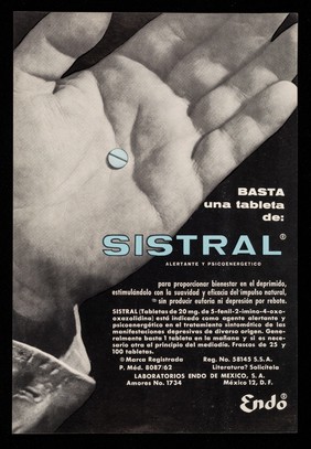 Basta una tableta de: Sistral, tabletas, alertante y psicoenergetico : Hace una sola cosa y la hace bien... los cerillos prducen flamas, el Hycodan alivia la tos / Laboratorios Endo de Mexico, S.A.