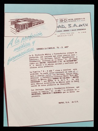 A la profesión médica y farmaceútica : conozca la familia "B-D Ace" / Mapad, S.A.