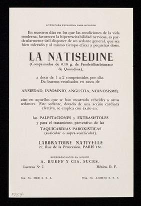 Natisédine, el sedante de la vida moderna / Laboratoire Nativelle ; representantes en Mexico A. Rueff y Cia.