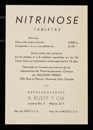 Nitrinose tabletas : valioso auxiliar en el tratamiento de la hipertension arterial esencial ... / A. Rueff y Cia.