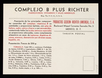 Complejo "B" Plus : aminoácidos, vitaminas, sales minerales / Gedeon Richter (América), S.A.