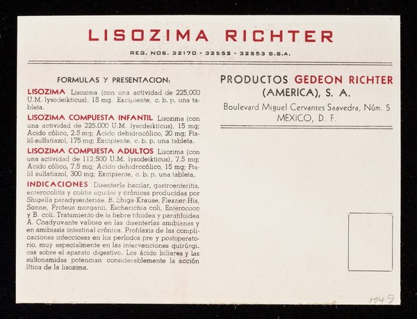 Lisozima / Gedeon Richter (América), S.A.